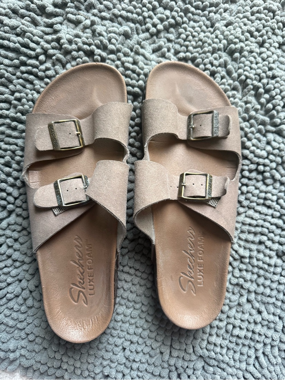 Skechers Women's Taupe Double-Buckle Slide Sandals with Metal Buckles